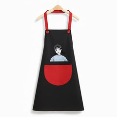 MOMISY Waterproof Kitchen Apron, Cooking Apron with Large Front Pocket, Cute Girl Print Design (Black Red)