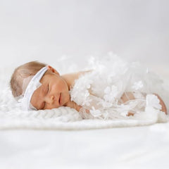 MOMISY Baby Girl Crochet Romper with Lace and Headband, Photography Photoshoot Costume (White, 0-3 Months)