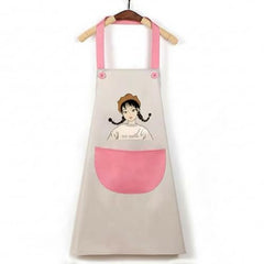 MOMISY Waterproof Kitchen Apron, Cooking Apron with Large Front Pocket, Cute Girl Print Design (OffWhite Pink)