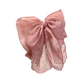 MOMISY Elegant Chiffon Bow Hairpin for Women | Pearl Decor Fluffy Back Head Clip | Korean Style Large Hair Accessory (Pink)