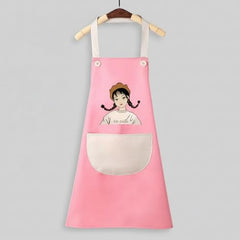 MOMISY Waterproof Kitchen Apron, Cooking Apron with Large Front Pocket, Cute Girl Print Design (Pink OffWhite)