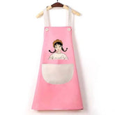 MOMISY Waterproof Kitchen Apron, Cooking Apron with Large Front Pocket, Cute Girl Print Design (Pink OffWhite)
