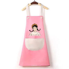 MOMISY Waterproof Kitchen Apron, Cooking Apron with Large Front Pocket, Cute Girl Print Design (Pink OffWhite)