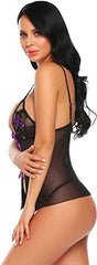 MOMISY Women Slim Fit Lingerie Transparent Set Underwear Lace Cup Teddy Bodysuit Deep Round Neck Spahgetti Back Strap Underwear Babydolls Lingerie Sleepwear-Black