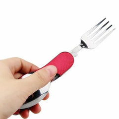 MOMISY 4 in 1 Detachable Multi-Tool Picnic Camping Stainless Steel Folding Cutlery Set Pocket Knife Fork Spoon Bottle Opener-Red