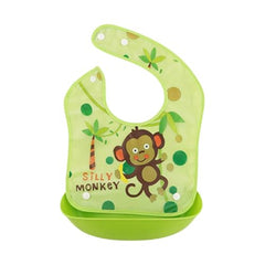 MOMISY Baby Bib For Newborn Waterproof Silicone Apron Wipeable Stain Resistant With pocket For 6 months and up (Green-Monkey)