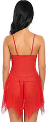 MOMISY Women Slim Fit Lingerie Transparent Set Underwear Bodysuit Deep Round Neck Spahgetti Back Strap Underwear Babydolls Lingerie Sleepwear-Red, Ruffle