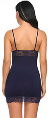 MOMISY Women Silk Slim Fit Lingerie Transparent Set Underwear Lace Cup Teddy Bodysuit Deep Round Neck Spahgetti Back Strap Babydolls Sleepwear-Navy Blue