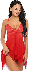 MOMISY Women Slim Fit Lingerie Transparent Set Underwear Bodysuit Deep Round Neck Spahgetti Back Strap Underwear Babydolls Lingerie Sleepwear-Red, Ruffle
