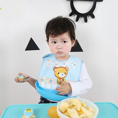 MOMISY Baby Bib For Newborn Waterproof Silicone Apron Wipeable Stain Resistant With pocket For 6 months and up (Blue-Bear)