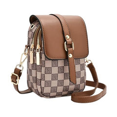 MOMISY Women PVC Crossbody Sling Bag | Checkered Pattern Mini Shoulder Purse with Adjustable Strap (Brown)