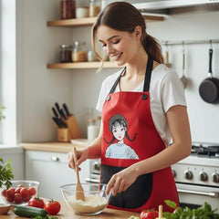 MOMISY Waterproof Kitchen Apron, Cooking Apron with Large Front Pocket, Cute Girl Print Design (Red Black)