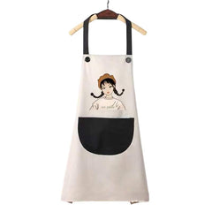 MOMISY Waterproof Kitchen Apron, Cooking Apron with Large Front Pocket, Cute Girl Print Design (OffWhite Black)