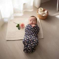 MOMISY isting Content Content generated Baby Photography Photoshoot Props Breathable Blanket Swaddle Cotton Wrap- Rose Print (Navy)