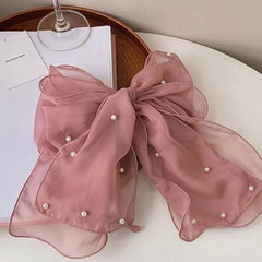 MOMISY Elegant Chiffon Bow Hairpin for Women | Pearl Decor Fluffy Back Head Clip | Korean Style Large Hair Accessory (Pink)