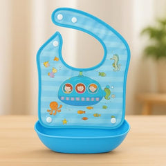 MOMISY Baby Bib For Newborn Waterproof Silicone Apron Wipeable Stain Resistant With pocket For 6 months and up (Blue-Submarine)