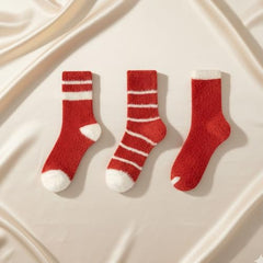 MOMISY Fuzzy Socks for Women Men, Fluffy Cozy Warm Winter Thick Plush Crew Slipper Socks, Red and White, 3 Pairs