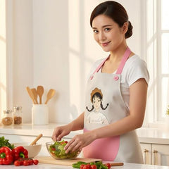 MOMISY Waterproof Kitchen Apron, Cooking Apron with Large Front Pocket, Cute Girl Print Design (OffWhite Pink)