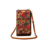 MOMISY Vintage Rangoli Pattern Mobile Phone Crossbody Bag, Canvas with Leather Trim, Multi-Color Floral Design, Universal Smartphone Fit, Bohemian Style