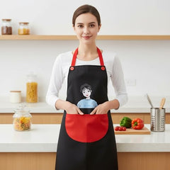 MOMISY Waterproof Kitchen Apron, Cooking Apron with Large Front Pocket, Cute Girl Print Design (Black Red)