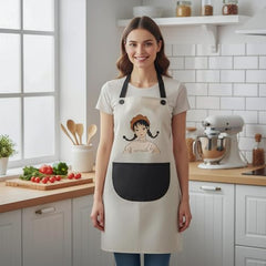 MOMISY Waterproof Kitchen Apron, Cooking Apron with Large Front Pocket, Cute Girl Print Design (OffWhite Black)