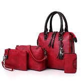 MOMISY Set of 4 Pieces Leather Finish PU Material Ladies Hand Bag, Clutch and Wallet for women (Red)