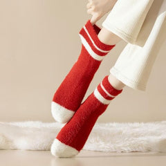 MOMISY Fuzzy Socks for Women Men, Fluffy Cozy Warm Winter Thick Plush Crew Slipper Socks, Red and White, 3 Pairs
