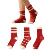 MOMISY Fuzzy Socks for Women Men, Fluffy Cozy Warm Winter Thick Plush Crew Slipper Socks, Red and White, 3 Pairs