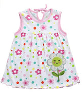 MOMISY Baby Girl Sleeveless Summer Frock A-Line Flower and Dot Design- White with Pink Border, 09 Months to 18 Months, Pack of 1