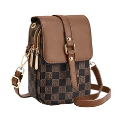 MOMISY Women PVC Crossbody Sling Bag | Checkered Pattern Mini Shoulder Purse with Adjustable Strap (Coffee)