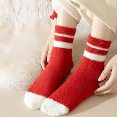 MOMISY Fuzzy Socks for Women Men, Fluffy Cozy Warm Winter Thick Plush Crew Slipper Socks, Red and White, 3 Pairs