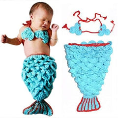 MOMISY Newborn Mermaid Photography Prop Set, Handmade Crochet Fish Scale Design with Headband, Bra, Tail, Turquoise and Red Baby Photo Costume