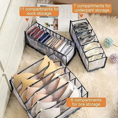 MOMISY Bra Socks Underwear Organizer Folding Closet Storage Boxes Clothes Separated Organizer 6/7/11 Compartments Grids Drawer Organizer, Pack of 3 (Grey)