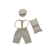 MOMISY Baby Photography Props Set, 4 Pieces, Gentleman Cap with Bow, Pillow and Dungaree (Khaki Grey, 0-3 Months)