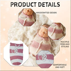 MOMISY Newborn Photography Photoshoot Prop, Crochet Costume Set, Knitted Sleep Bag (Light Pink White, 0-6 Months)