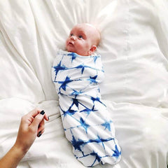 MOMISY Baby Photography Props Cotton Blanket Swaddle Wrap with Cap (Geometric)-White and Blue