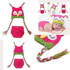 MOMISY Newborn Photography Prop Crochet Owl Costume 2Pcs Handmade Knitted Hat Diaper Photoshoot Outfit for Baby, Bird (0-8 Months, Pink Green- Bird)