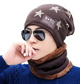 MOMISY Unisex Woolen Beanie Cap Plus Muffler Scarf Set for Men Women (Brown)