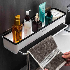 MOMISY Magic Sticker Series Plastic Kitchen and Bathroom Shelf with Towel Napkin Holder (White-Black)