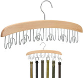 MOMISY Wooden Hanger with 12 Hooks Adjustable Tie, Belt, Scarf & Jewelry Organizer, Brown, Glossy Finish