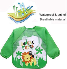 MOMISY Waterproof Smock Painting Apron for Kids Full Sleeve Feeding Bib for Babies Cartoon Animal Art for Infants Toddler Boys Girls (Red Happy-Green Jungle)-Set of 2