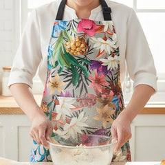 MOMISY Tropical Floral Kitchen Apron – Cooking Apron with Colorful Print, Adjustable Neck Strap (Grey)