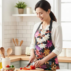 MOMISY Tropical Floral Kitchen Apron – Cooking Apron with Colorful Print, Adjustable Neck Strap (Black)