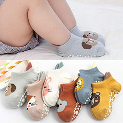 MOMISY Animal Pattern Cotton Non-Slip Ankle Socks, 6 Pairs, Toddler Boys Girls, Warm Anti-Skid Infant Socks (IN, Age, 12 Months, 3 Years)