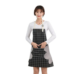 MOMISY Kitchen Cooking Apron with Pocket and 2 Stitched Towels Waterproof Adjustable Durable Stripe Kitchen Women Men Apron with Pockets Bib (Checked Black)