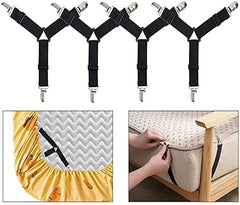 MOMISY Bed Sheet Holder Straps | Adjustable Fastener and 3 Way Mattress Cover Holder Fasteners | The Triangle Keeper with Heavy Duty Grippers Clips Black Triangle (4pc/Set) (Black)
