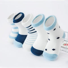 MOMISY 5 Pairs Girl Boys Tube Socks Toddlers Infant Solid Color Boat Spring and Autumn Socks Stretch Baby kids Sock (Blue Stripe Polka, 0 Year to 1 Year)