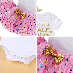 MOMISY Baby Girl Top and Bowknot Pink Polka Dot Skirt Romper with Crown Headband/Half Birthday Pack of 1/for 6 to 12 Months