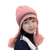 MOMISY Girl's Winter Warm Pom-Pom Balaclava Hat Full Cover Earflap Hood Cap_5-10 Years (Pink)