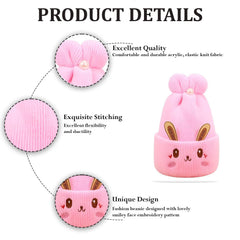 MOMISY Bunny Baby Cap, Soft Beanie Woolen Hat for Spring, Winter, Autumn, for Newborn, Infant, Toddler, Kids, Babies- 0 to 6 Months (in, Age, 0 Months, 6 Months, Light Pink)